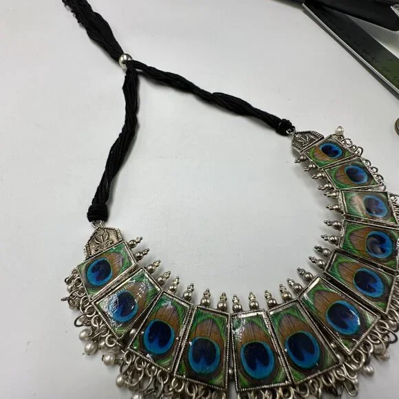 3/$30 Peacock Statement Necklace Silver Adjustable Fabric Cord Beaded Jewelry - Picture 6 of 11
